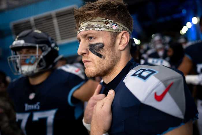 Tennessee Titans quarterback Will Levis (8) prepares to head to the field before a game against the Carolina Panthers at Nissan Stadium 